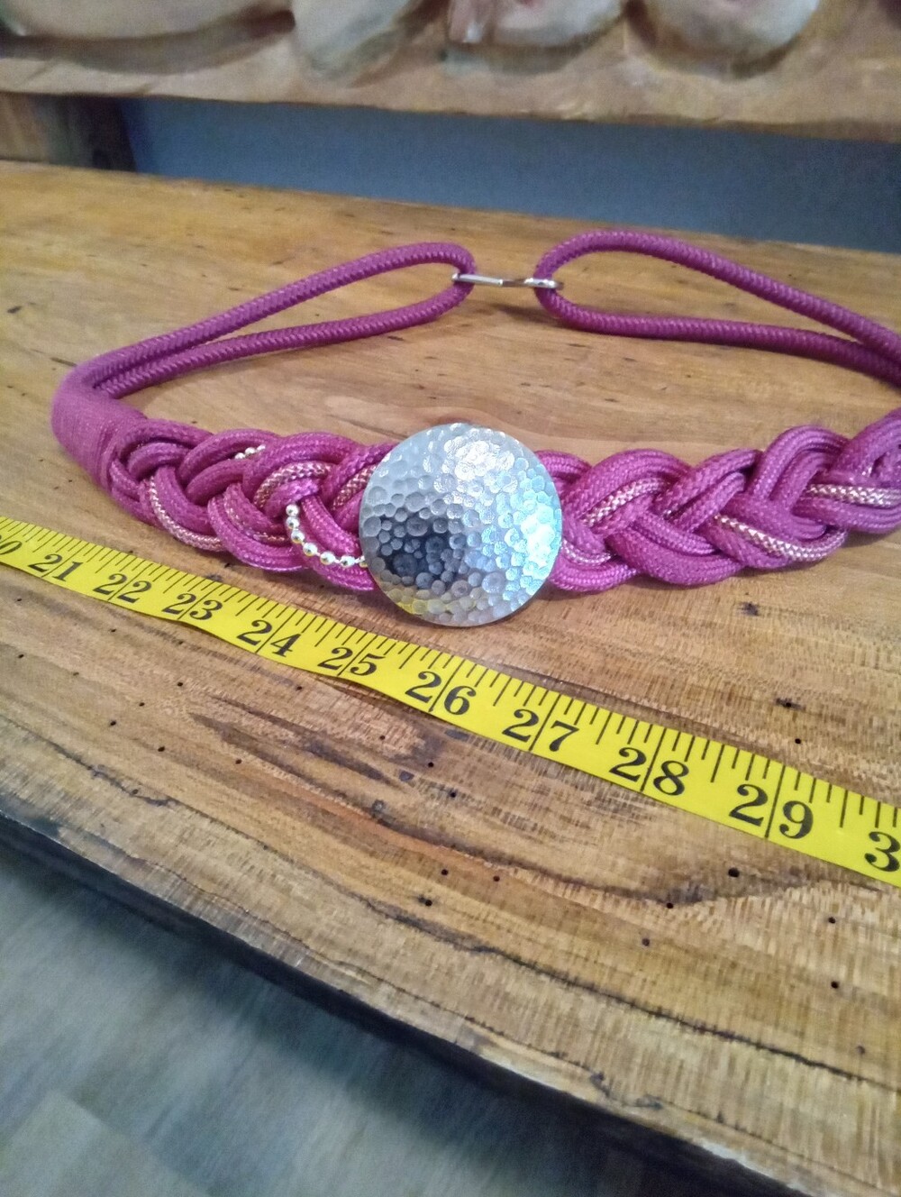 Vintage 1980's Pink Braided Rope Belt with Hammered Silver Disc w/Hook Clasp